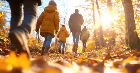 Image d'une famille qui se promène dans la forêt